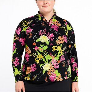 IBKÜL Women’s Willow Black Floral Long Sleeve Zip Mock Neck Top Size XL